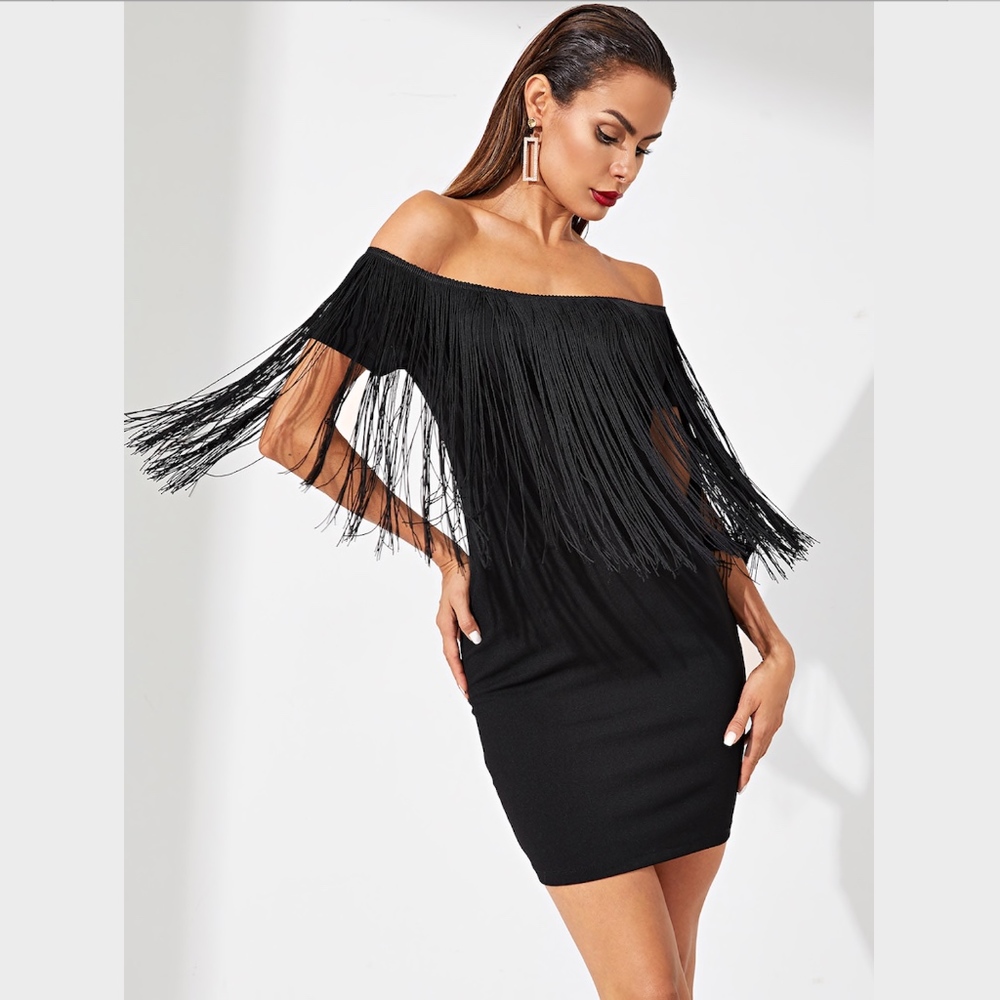 Off Shoulder Fringe Detail Bodycon Dress Black - Picture 3 of 8